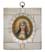 A vintage miniature Madonna hand-painted on ivory with gilt metal mount housed in a piano ivory frame, 20th century, 12 x 11cm overall.