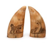 A pair of scrimshaw whale's teeth with animal decoration, 9.5cm high.