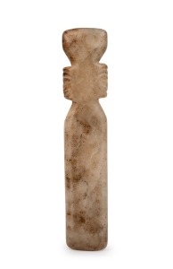 An antique white marble ceremonial cutting tool with carved figural decoration, South American origin, unknown age, ​​​​​​​27cm high.