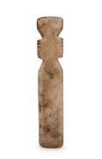 An antique white marble ceremonial cutting tool with carved figural decoration, South American origin, unknown age, ​​​​​​​27cm high.