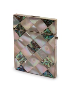 214 · An antique mother of pearl and abalone shell calling card case, 19th century, 10.5cm high.