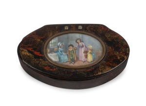 An antique papier-mâché pocket snuff box with hand-painted miniature top, early to mid 19th century, ​​​​​​​8.5cm wide.