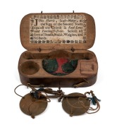 JOHN HARRIS rare antique English pocket coin scales with original paper label "John Harris, Scale-Maker, at the Sign of the Sun and Scales against the Church in Road-Lane near Fenchurch-Street. Selleth all Sort of Beams, Scales, Weights, and Stillards", 1