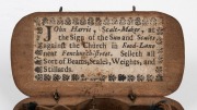 JOHN HARRIS rare antique English pocket coin scales with original paper label "John Harris, Scale-Maker, at the Sign of the Sun and Scales against the Church in Road-Lane near Fenchurch-Street. Selleth all Sort of Beams, Scales, Weights, and Stillards", 1 - 2