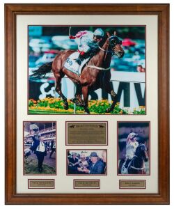 MIGHT AND POWER framed photographic display, signed by Jim Cassidy, Jack Denham, Nick Moraitis, circa 1997, attractively framed and glazed, 115 x 95cm overall.