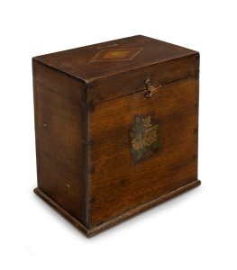 An antique timber box with inlaid top and transfer floral decoration, 19th/20th century, 24cm high, 23cm wide, 16cm deep.