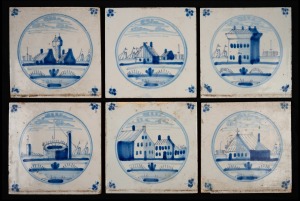 A set of six antique Dutch Delft blue and white tiles, 17th/18th century, ​​​​​​​13 x 13cm.