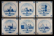 A set of six antique Dutch Delft blue and white tiles, 17th/18th century, ​​​​​​​13 x 13cm.