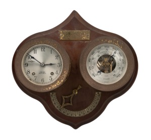 CHELSEA "SHIP'S BELL" brass cased bulkhead clock and matching barometer, mounted on timber board, 20th century, 30 x 31cm.