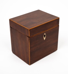 A Georgian mahogany single tea caddy with boxwood string inlay, 18th/19th century, 12.5cm high, 12.5cm wide, 10cm deep.