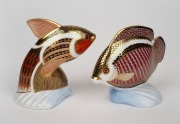 ROYAL CROWN DERBY Tropical Fish "Guppy" and "Gourami" English porcelain statues, (2 items), factory marks and silver button seals to base, ​​​​​​​the larger 13cm high.