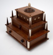 An Australian folk art cotton reel sewing tidy crafted from cedar and pine with whalebone finial and trim, 20th century, 23cm high, 25cm wide, 17cm deep. - 2