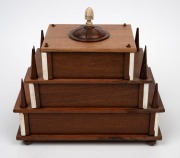 An Australian folk art cotton reel sewing tidy crafted from cedar and pine with whalebone finial and trim, 20th century, 23cm high, 25cm wide, 17cm deep. - 3