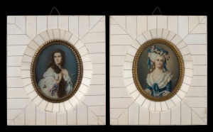 A pair of vintage Italian oval miniature portraits in piano ivory frames, 20th century, 14 x 13cm each overall.