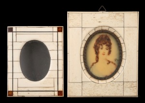 Two Italian piano ivory miniature picture frames, one with tortoise shell inlay, the other with female portrait, 20th century, the largest 14.5 x 12cm overall.