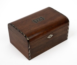 An antique English rosewood tea caddy with inlaid decoration, interior fitted with two lidded compartments with whalebone knobs, mid 19th century, 10cm high, 19cm wide, 13cm deep.