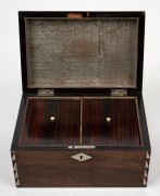 An antique English rosewood tea caddy with inlaid decoration, interior fitted with two lidded compartments with whalebone knobs, mid 19th century, 10cm high, 19cm wide, 13cm deep. - 2