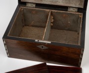 An antique English rosewood tea caddy with inlaid decoration, interior fitted with two lidded compartments with whalebone knobs, mid 19th century, 10cm high, 19cm wide, 13cm deep. - 3