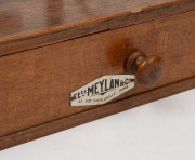 MEYLAN & Co. antique French balance scales on a timber single drawer base housing assorted brass weights, early 20th century, ​​​​​​​33cm high, 30cm wide, 15cm deep. - 2