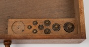 MEYLAN & Co. antique French balance scales on a timber single drawer base housing assorted brass weights, early 20th century, ​​​​​​​33cm high, 30cm wide, 15cm deep. - 3