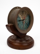 SHIP'S TIME maritime bulkhead clock in brass case with quartz movement, mounted on an attractive turned timber stand, 20th century, ​​​​​​​24cm high overall. - 2