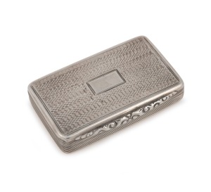 A William IV antique English sterling silver pocket snuff box with engraved decoration and gilt wash interior, made by Francis Clark of Birmingham, circa 1837, 7cm wide, 61 grams.