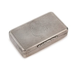 An antique English sterling silver pocket snuff box with engraved decoration and remains of gilt wash interior, made in Birmingham, circa 1849, 7cm wide, 66 grams.