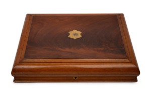 An antique English mahogany instrument box with brass name plate, flame mahogany top and lift out velvet lined tray, bearing retailer's label "KILPATRICK & Co.......MELBOURNE", late 19th century, 6cm high, 35cm wide, 27cm deep.