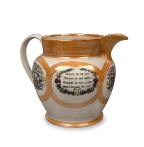 SUNDERLAND WARE antique English lustre pottery jug with tallship vignettes and limericks, titled "Jacks Safe Return", circa 1840s, 23cm high, 30cm wide.