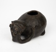An antique pottery Moche jug with kneeling figure decoration and black painted finish, Peruvian origin, 9cm high, 17cm long. - 2