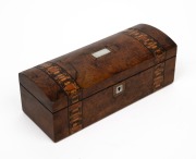 An antique English walnut glove box with domed top and Tunbridge inlaid decoration, mid 19th century, 9cm high, 27cm wide, 10cm deep.