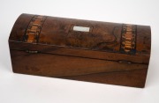 An antique English walnut glove box with domed top and Tunbridge inlaid decoration, mid 19th century, 9cm high, 27cm wide, 10cm deep. - 3