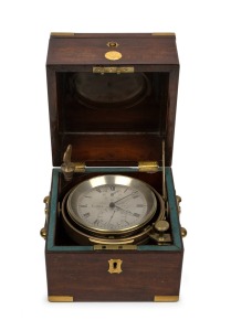 THOMAS HEWITT antique English chain fusee 56 hour marine chronometer with silvered dial, subsidiary seconds dial, housed in original three tier mahogany case with brass gimbal mounts, circa 1840s, the case 17cm high.