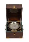 THOMAS HEWITT antique English chain fusee 56 hour marine chronometer with silvered dial, subsidiary seconds dial, housed in original three tier mahogany case with brass gimbal mounts, circa 1840s, the case 17cm high.