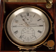 J. BLOUT THOMAS antique English chain fusee 56 hour marine chronometer with silvered dial, subsidiary seconds dial, housed in a three tier mahogany case with brass gimbal mounts,19th century, the case 19cm high. - 2