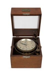 THOMAS MERCER vintage 56 hour marine chronometer with silvered dial and gimbal mounts housed in origin mahogany two trier case, mid 20th century, the case 17cm high.