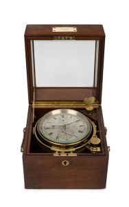 THOMAS MERCER vintage 56 hour marine chronometer with silvered dial and gimbal mounts housed in origin mahogany two trier case, early 20th century, the case 17cm high.