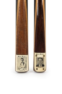 HORACE LINDRUM - CUES: Pair comprising both the younger (c. 1930s) and older (c. 1950s) portrait type "Champion" cues made by Peradon; both with ash shaft, ebony butt, ivory plate, length 58 inches.