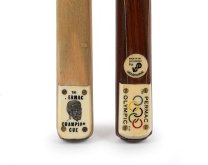 Pair of c. 1950s Permac billiard cues, comprising "Permac Olympic" with "EV Melbourne" retailer's inset, length 60 inches, together with "The Permac Champion Cue", length 58 inches.