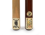 Pair of c. 1950s Permac billiard cues, comprising "Permac Olympic" with "EV Melbourne" retailer's inset, length 60 inches, together with "The Permac Champion Cue", length 58 inches.