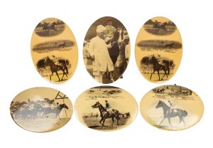 A group of six Australian horse racing presentation plaques, all 35cm wide, comprising 1948 "Royal Gem", 1949 "Woodville", 1951 "Pendrew", 1951 "Antheus" (2), and one other.