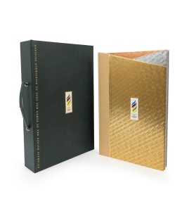 OFFICIAL SUBMISSION TO HOST THE GAMES OF THE XXVITH OLYMPIAD: Boxed set of three volumes, titled "The City" (120pp, gold), "The Sports" (277pp, silver), and "The Media" (68pp, bronze); the box and all three volumes bear the proposed Melbourne 1996 Olympic