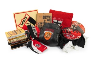 Remainder lot of mostly St Kilda items, including a photo album (50+ signatures - Robert Harvey, Nicky Winmar, Tony Lockett, Trevor Barker), a merino wool scarf, a signed cap, a child's leather jacket, and others. (qty.)