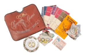A group of 1956 Melbourne Olympics items, including a vinyl cushion, a main stadium ticket, two silk scarves, ten different event programmes, and others. (16 items)