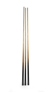 Three different c. 1900s Alcock & Co. Pty. Ltd. billiards cues, all with ash shaft and ebony butt; the longest 58 inches.