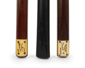 Three different Heiron and Smith billiards cues, comprising one very early example with plain ebony butt, the other two with ivory plates (one "Champion Cue" and one "Rex Williams Champion Cue"); the longest 60 inches.