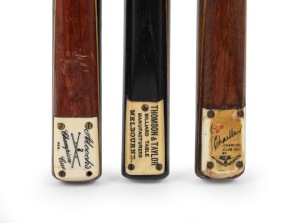 Group of mid-20th century billiards cues, comprising one with engraved ivory plate with text "Thomson & Taylor Billiard Table Manufacturers, Melbourne", one Trueline J. Charlton facsimile signature cue, and one Alcock's Champion Cue; the longest 60 inches