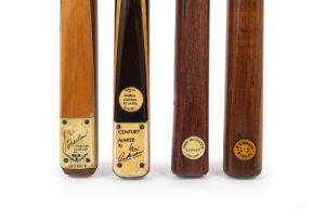 Group of mid-20th century billiards cues, comprising one with "John McCulloch Sydney" retailer's inset, one with "R.S. Moran Ltd. Sydney" retailer's inset, one Trueline J. Charlton facsimile signature cue, and one Century Maker by Ian Anderson with "Warre