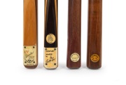 Group of mid-20th century billiards cues, comprising one with "John McCulloch Sydney" retailer's inset, one with "R.S. Moran Ltd. Sydney" retailer's inset, one Trueline J. Charlton facsimile signature cue, and one Century Maker by Ian Anderson with "Warre