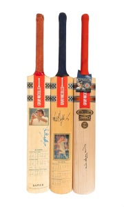 Three full-size "Gray-Nicolls" cricket bats, signed to the blade by Ian Chappell, Matthew Hayden, and Paul Reiffel respectively, each bearing some of the relevant player's career statistics; length of each 85cm.